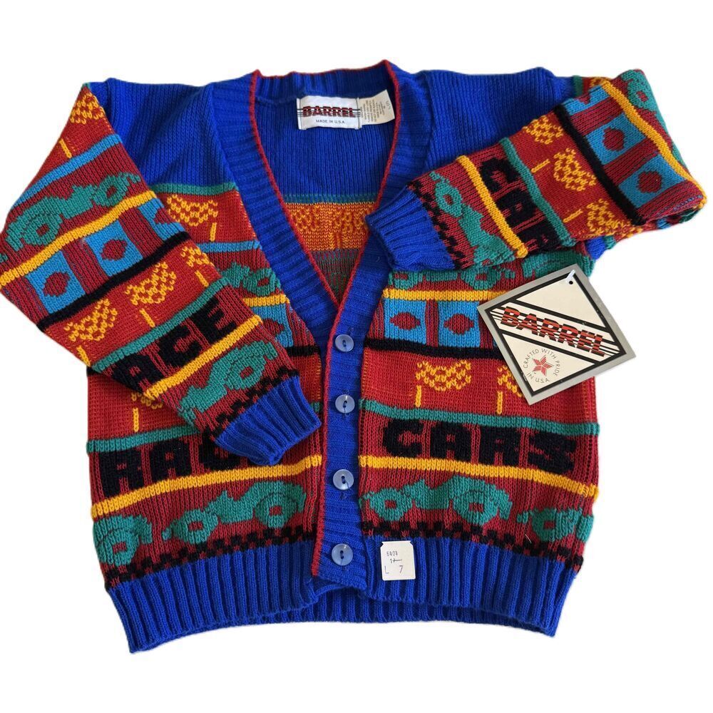 Vintage Boy's Cardigan Sweater Barrel Race Car Knit Red Blue Long Sleeve Size 7
